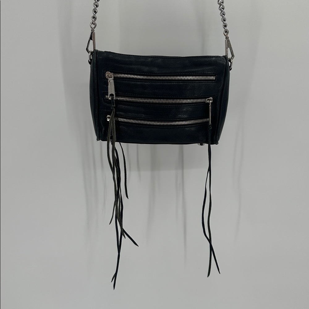 Rebecca Minkoff Black Leather Fringe Crossbody Bag With Silver Chain Strap - Picture 7 of 11